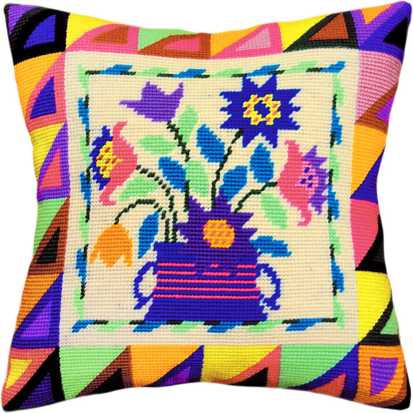 Brvsk Needlepoint Pillow Kit — Folk Flowers, 16″ × 16″