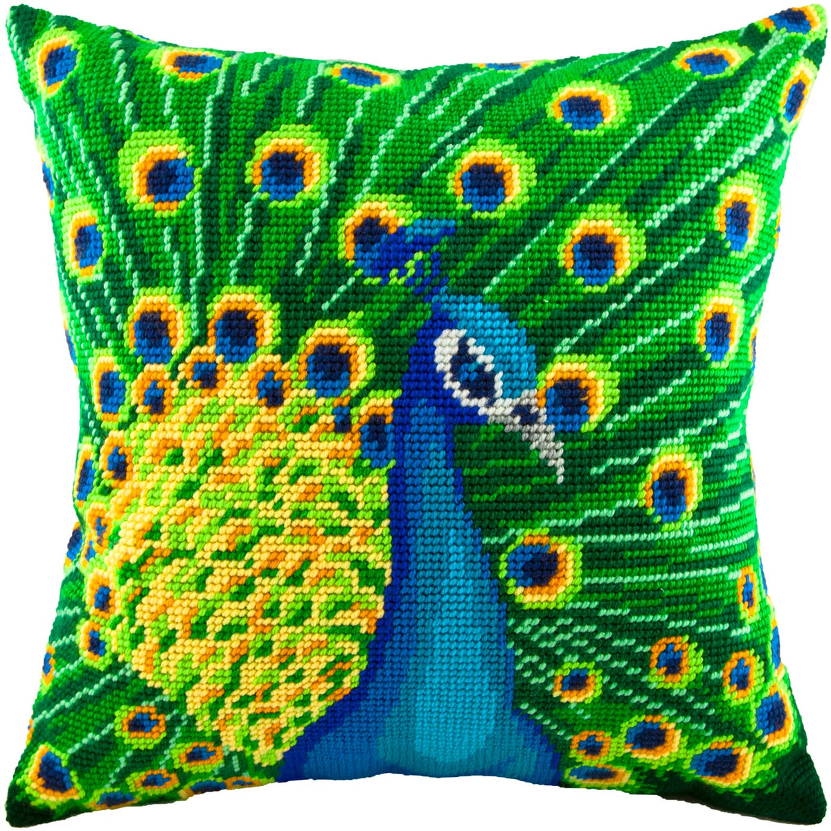 Peacock needlepoint pillow kit with jewel-toned plumage — Brvsk