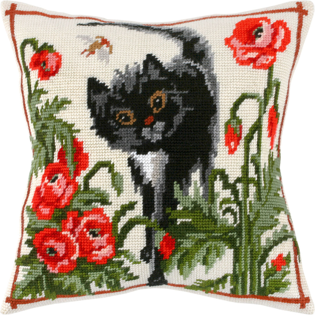A Cat in Poppies — Needlepoint Kit 16″ × 16″ by Brvsk