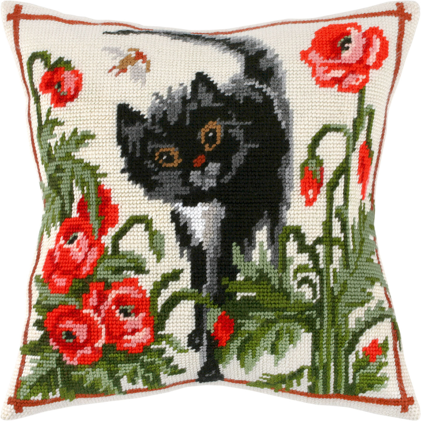 A Cat in Poppies — Needlepoint Kit 16″ × 16″ by Brvsk