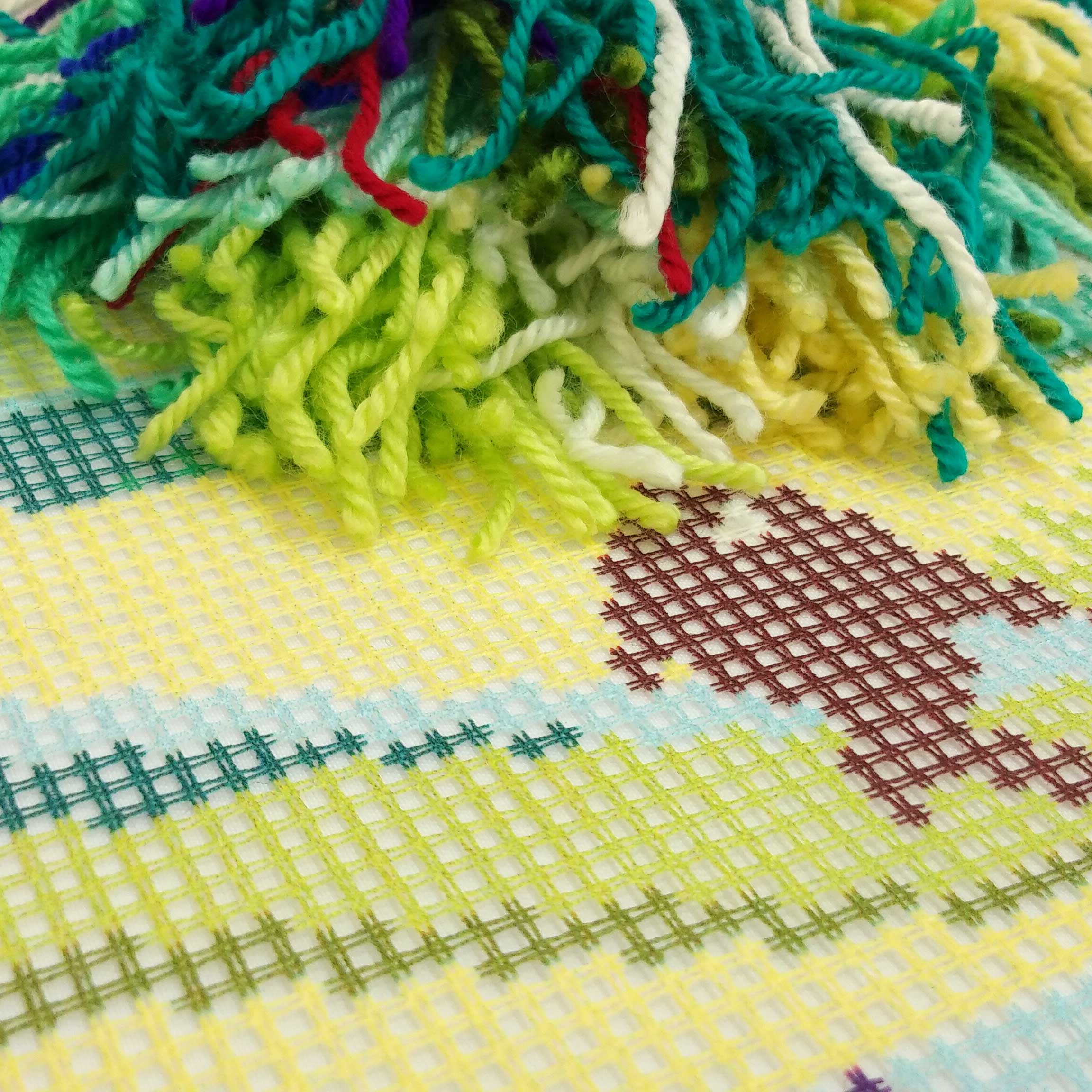 Brvsk Marine Stamped Cross-Stitch Kit for Adults and Beginners — Fish in Seaweed 16″ × 16″ with Clear, Precise Printed Design on Cotton Canvas; Includes 2 Needles, Yarn, and Easy-Read Chart
