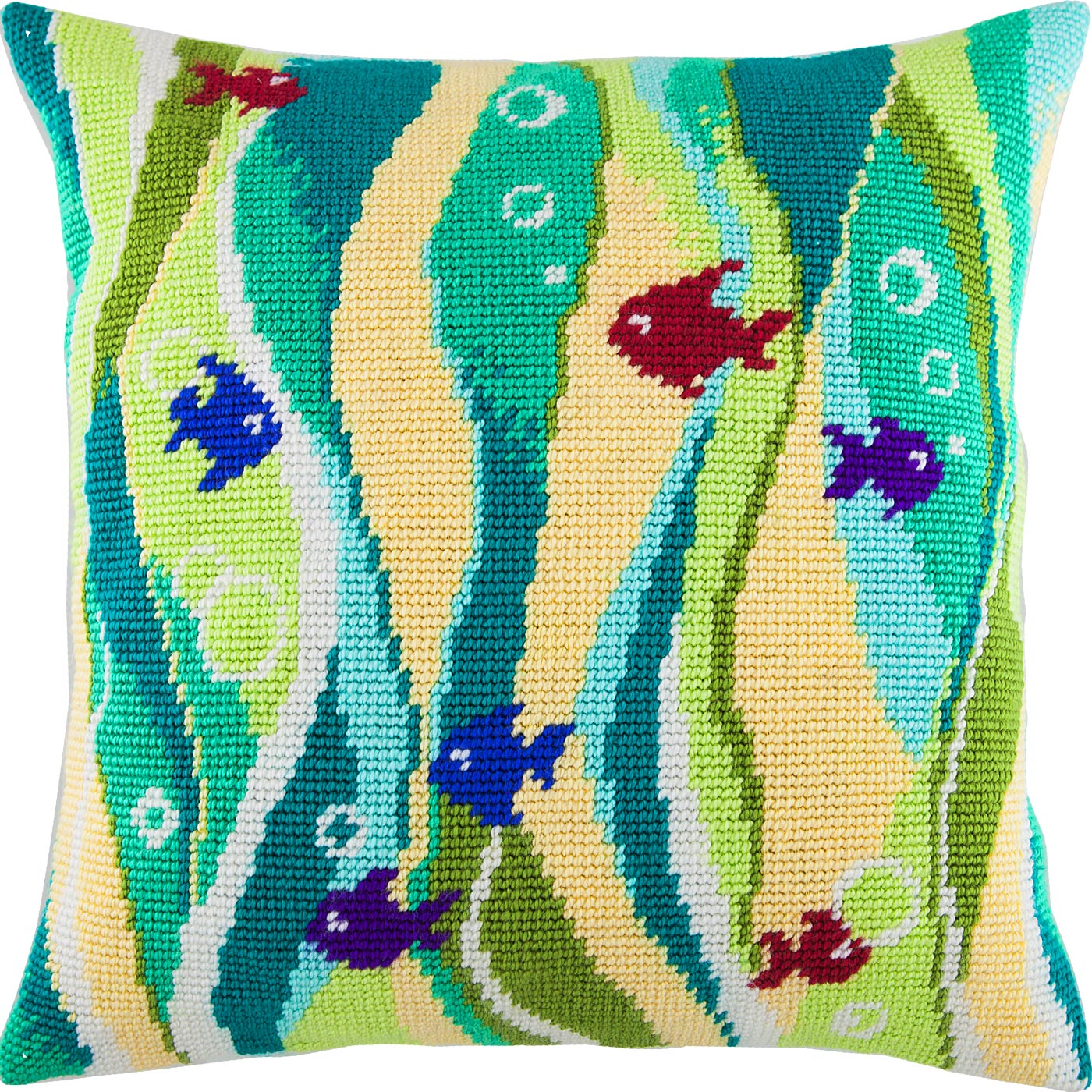 Brvsk Marine Stamped Cross-Stitch Kit for Adults and Beginners — Fish in Seaweed 16″ × 16″ with Clear, Precise Printed Design on Cotton Canvas; Includes 2 Needles, Yarn, and Easy-Read Chart
