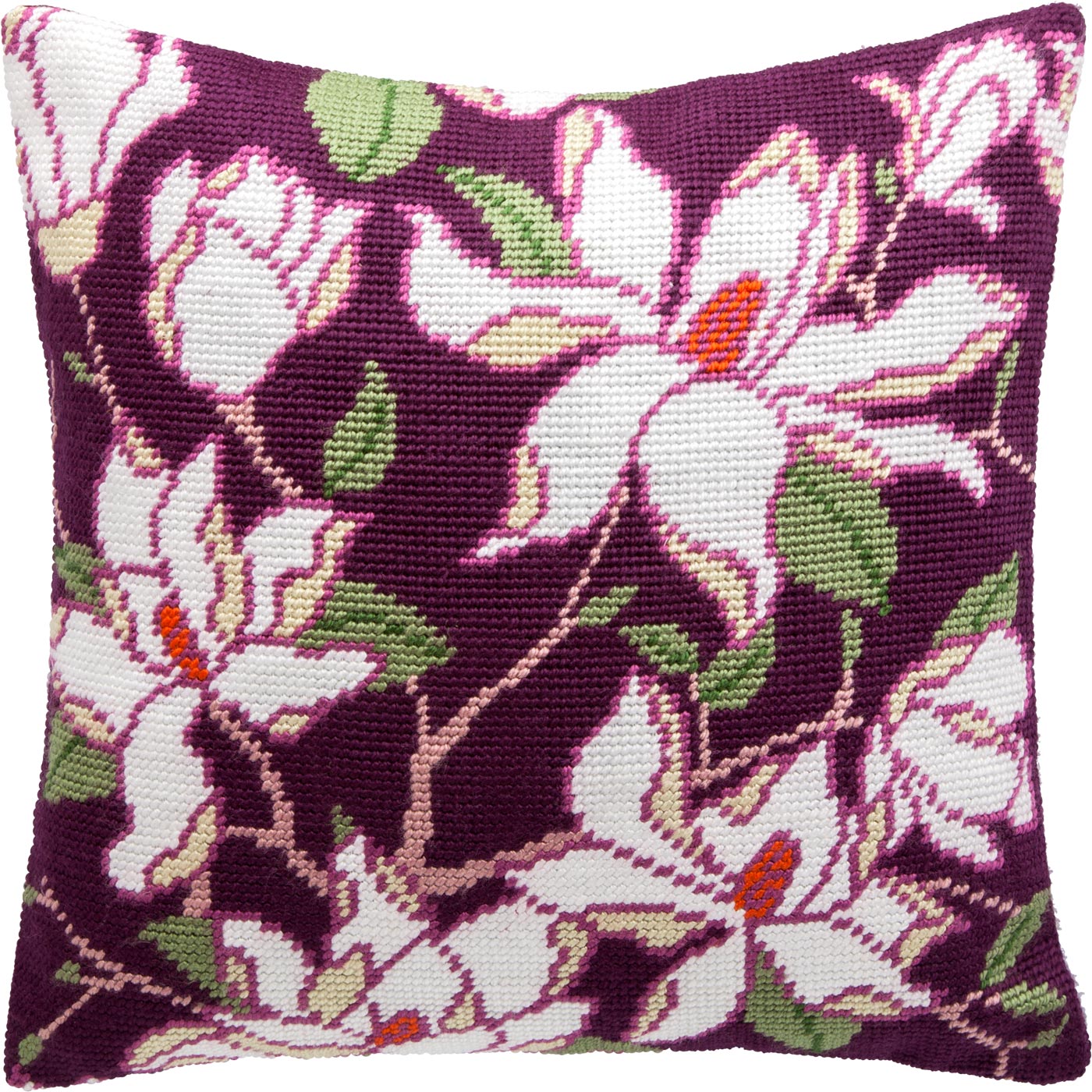 Brvsk Floral Embroidery Kit for Adults and Beginners — Magnolia 16″ × 16″ with Clear, Precise Printed Design on Cotton Canvas; Includes 2 Needles, Yarn, and Easy-Read Chart