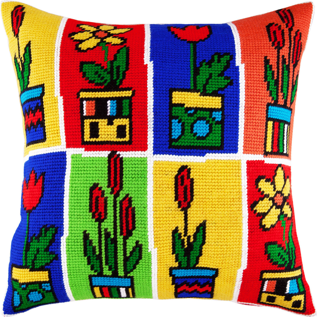 Brvsk Rainbow Stamped Cross-Stitch Kit for Adults and Beginners — Flower Pots 16″ × 16″ with Clear, Precise Printed Design on Cotton Canvas; Includes 2 Needles, Yarn, and Easy-Read Chart