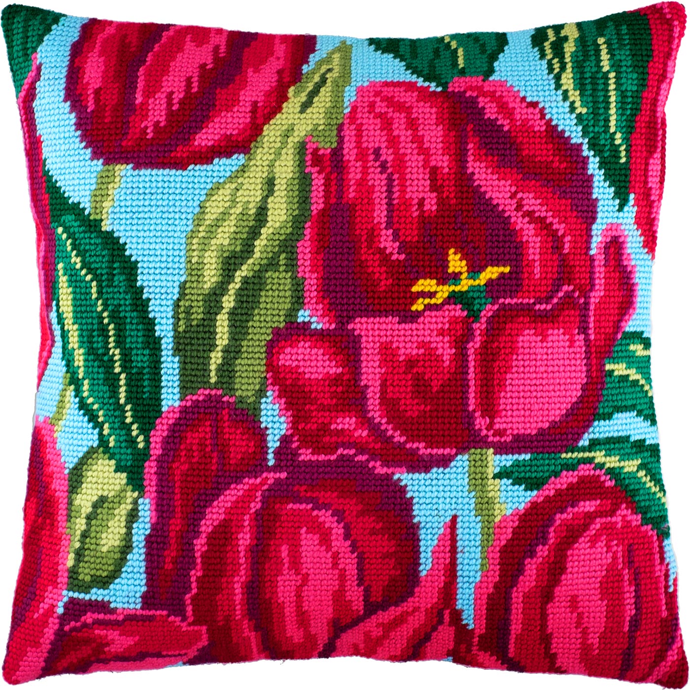 Brvsk Floral Embroidery Kit for Adults and Beginners — Tulips 16″ × 16″ with Clear, Precise Printed Design on Cotton Canvas; Includes 2 Needles, Yarn, and Easy-Read Chart