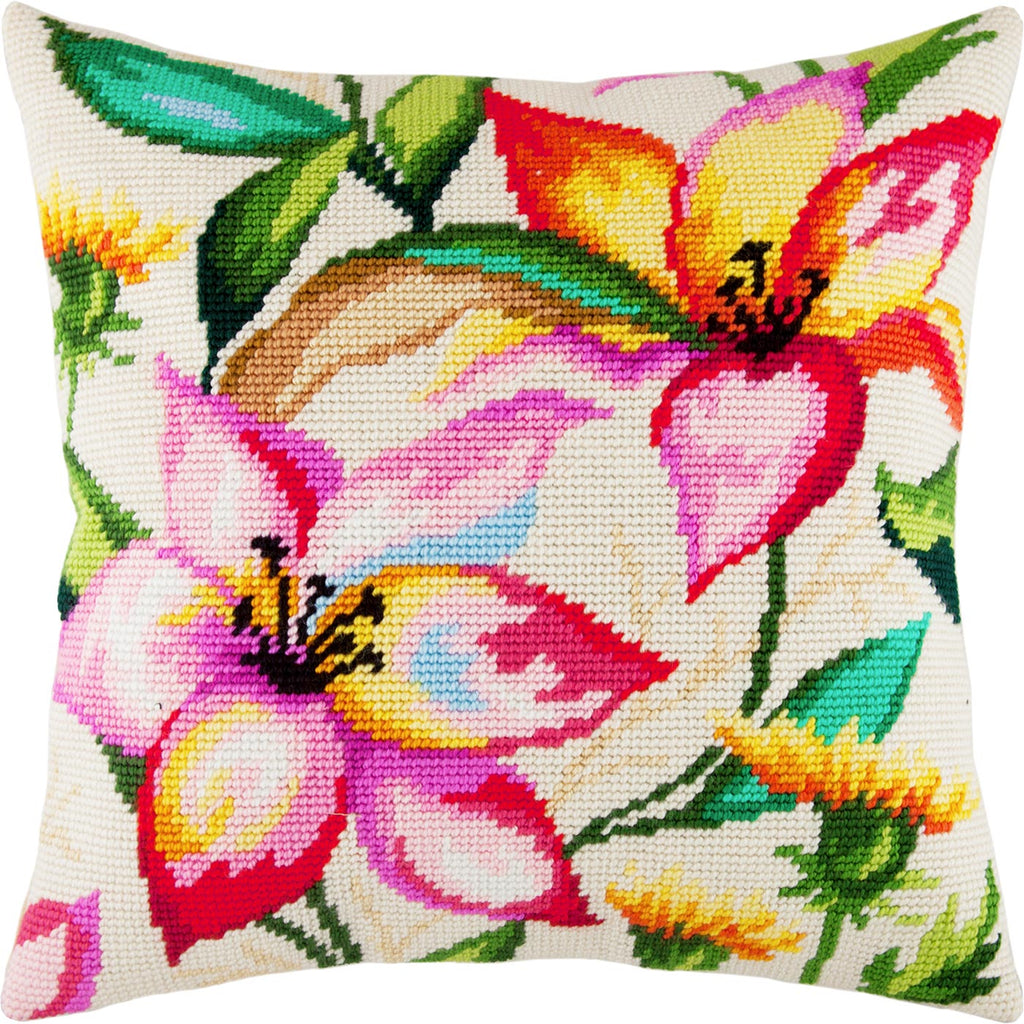 Brvsk Floral Embroidery Kit for Adults and Beginners — Lilies in Watercolor 16″ × 16″ with Clear, Precise Printed Design on Cotton Canvas; Includes 2 Needles, Yarn, and Easy-Read Chart