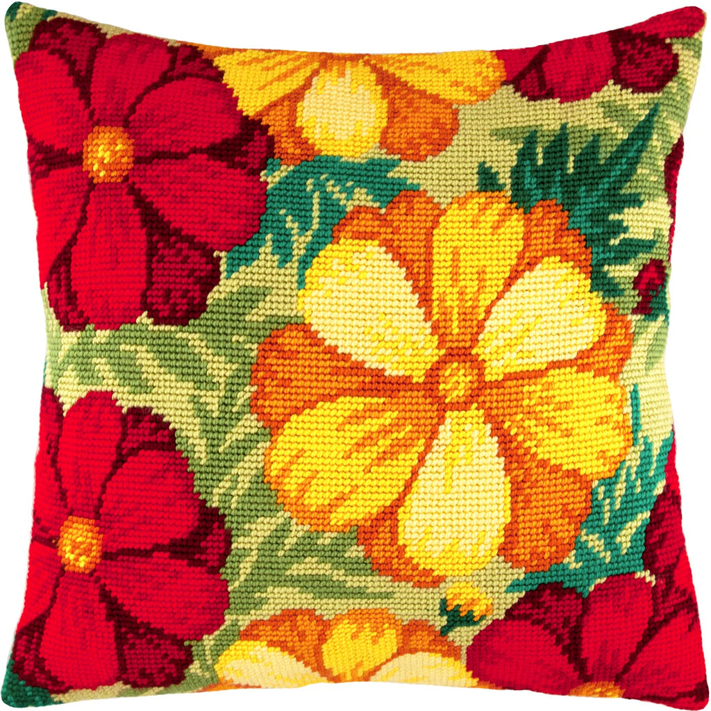 Brvsk Golden Petals. Stamped Cross-Stitch Kit. Throw Pillow 16×16 Inches. Printed Tapestry Canvas, European Quality