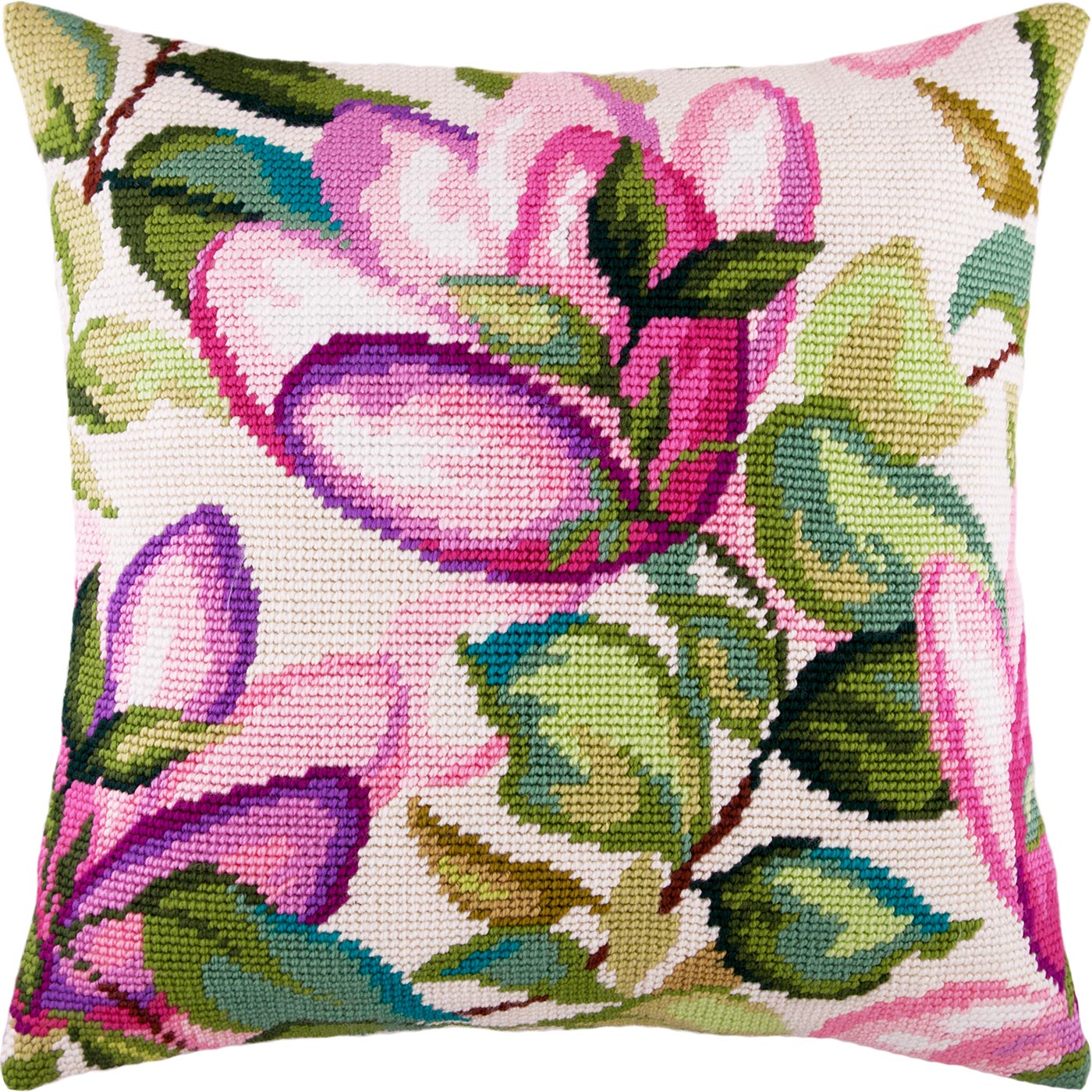Brvsk Floral Needlepoint Kit for Adults and Beginners — Magnolia 16″ × 16″ with Clear, Precise Printed Design on Cotton Canvas; Includes 2 Needles, Yarn, and Easy-Read Chart