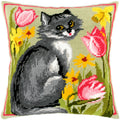 Brvsk Ferine Needlepoint Kit for Adults and Beginners — Kitty 16″ × 16″ with Clear, Precise Printed Design on Cotton Canvas; Includes 2 Needles, Yarn, and Easy-Read Chart