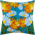Brvsk Floral Stamped Cross-Stitch Kit for Adults and Beginners — Daisies 16″ × 16″ with Clear, Precise Printed Design on Cotton Canvas; Includes 2 Needles, Yarn, and Easy-Read Chart