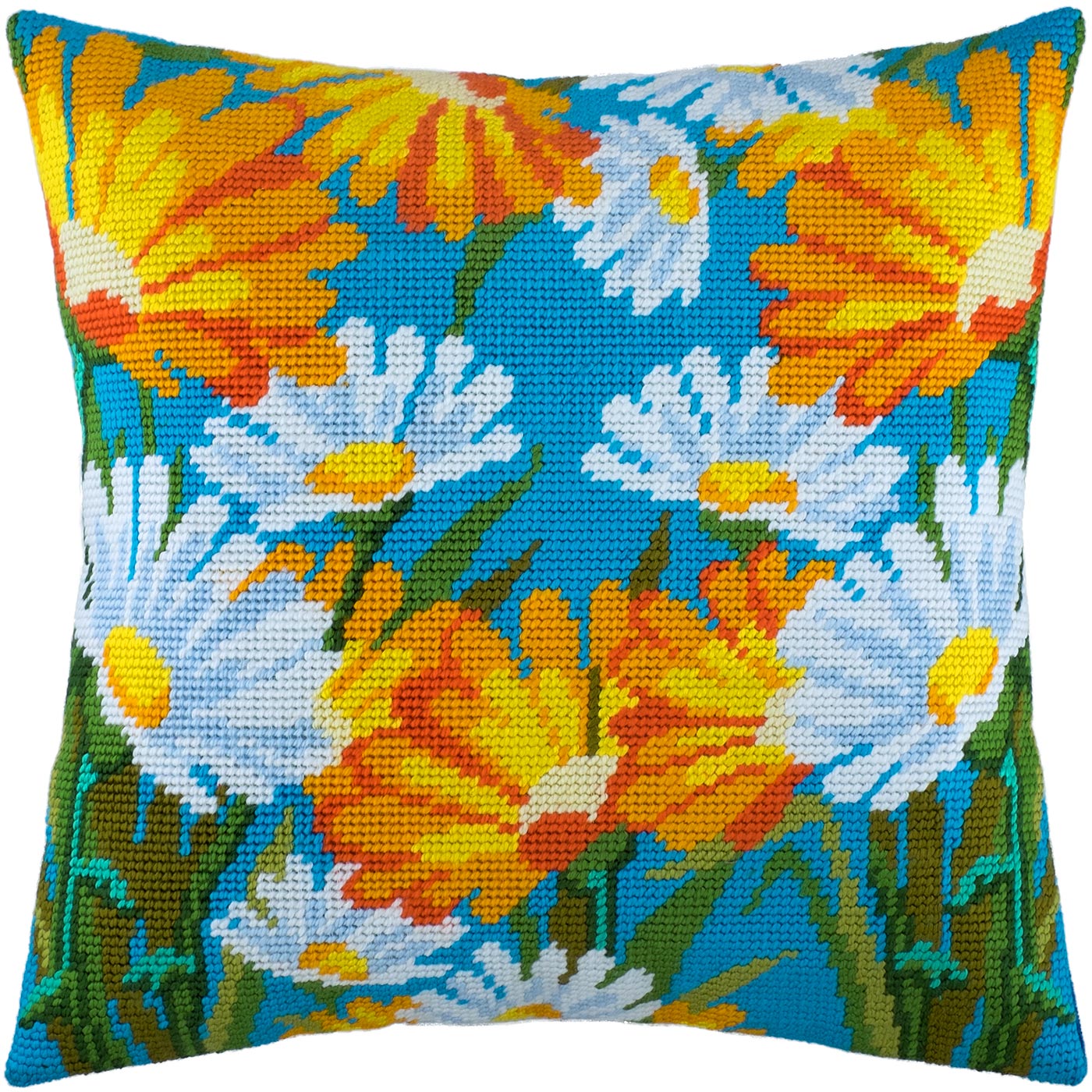Brvsk Floral Stamped Cross-Stitch Kit for Adults and Beginners — Daisies 16″ × 16″ with Clear, Precise Printed Design on Cotton Canvas; Includes 2 Needles, Yarn, and Easy-Read Chart