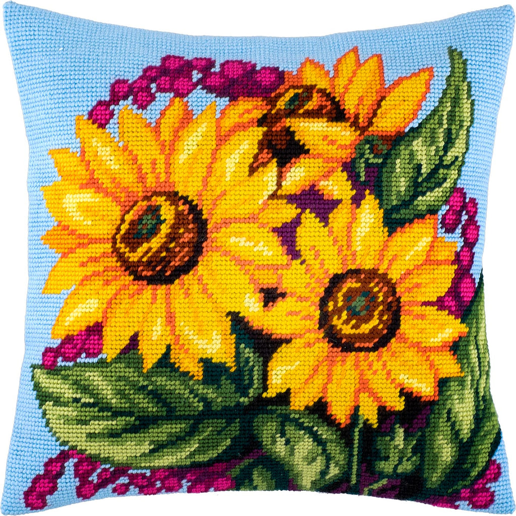 Brvsk Floral Embroidery Kit for Adults and Beginners — Sunflower Bouquet 16″ × 16″ with Clear, Precise Printed Design on Cotton Canvas; Includes 2 Needles, Yarn, and Easy-Read Chart
