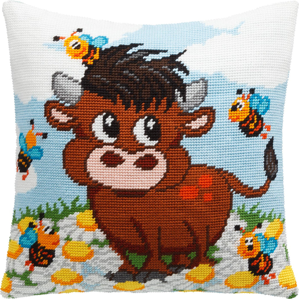 Brvsk Farmyard Needlepoint Kit for Adults and Beginners — Bull Calf 16″ × 16″ with Clear, Precise Printed Design on Cotton Canvas; Includes 2 Needles, Yarn, and Easy-Read Chart