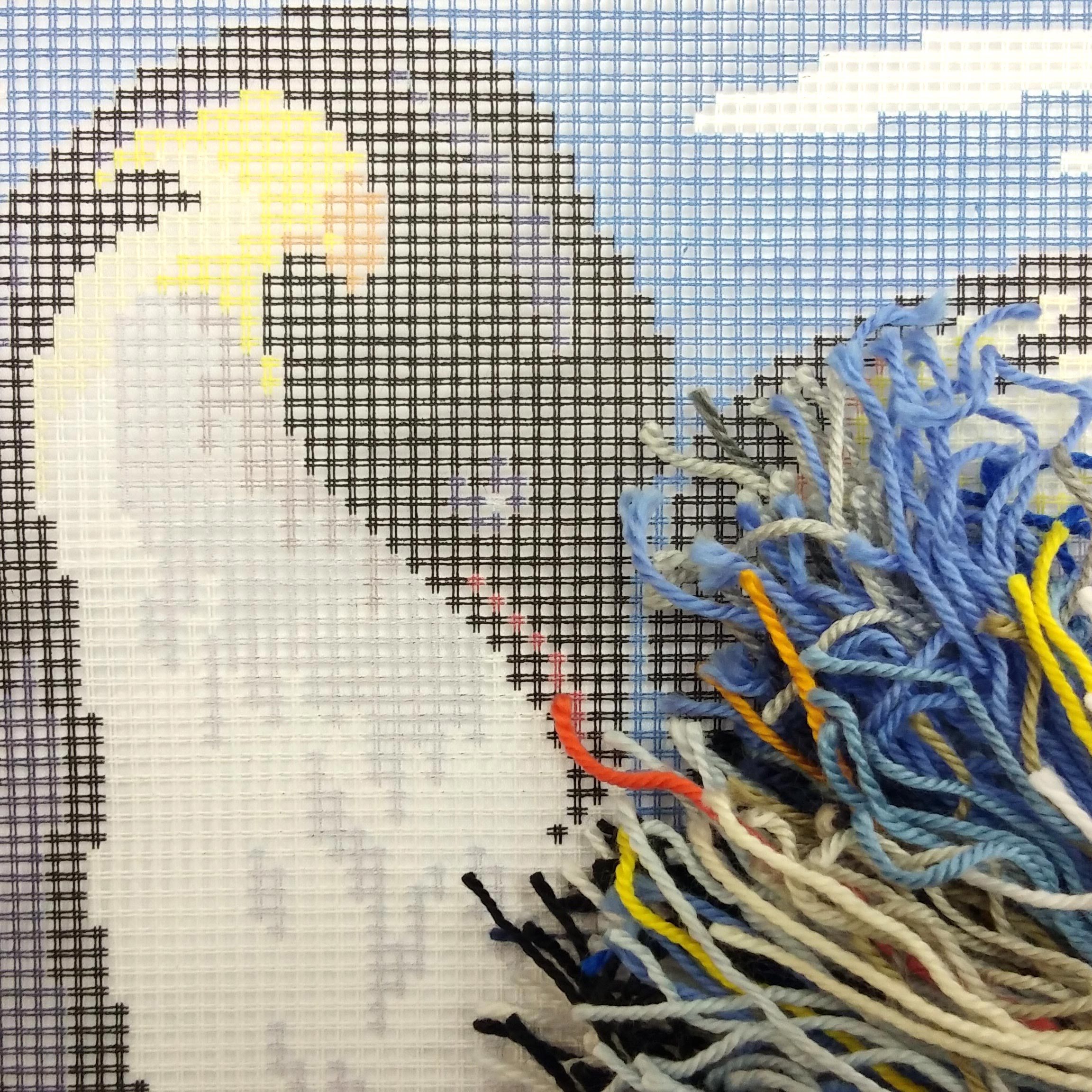 Brvsk Ferine Stamped Cross-Stitch Kit for Adults and Beginners — Penguins in Love 16″ × 16″ with Clear, Precise Printed Design on Cotton Canvas; Includes 2 Needles, Yarn, and Easy-Read Chart