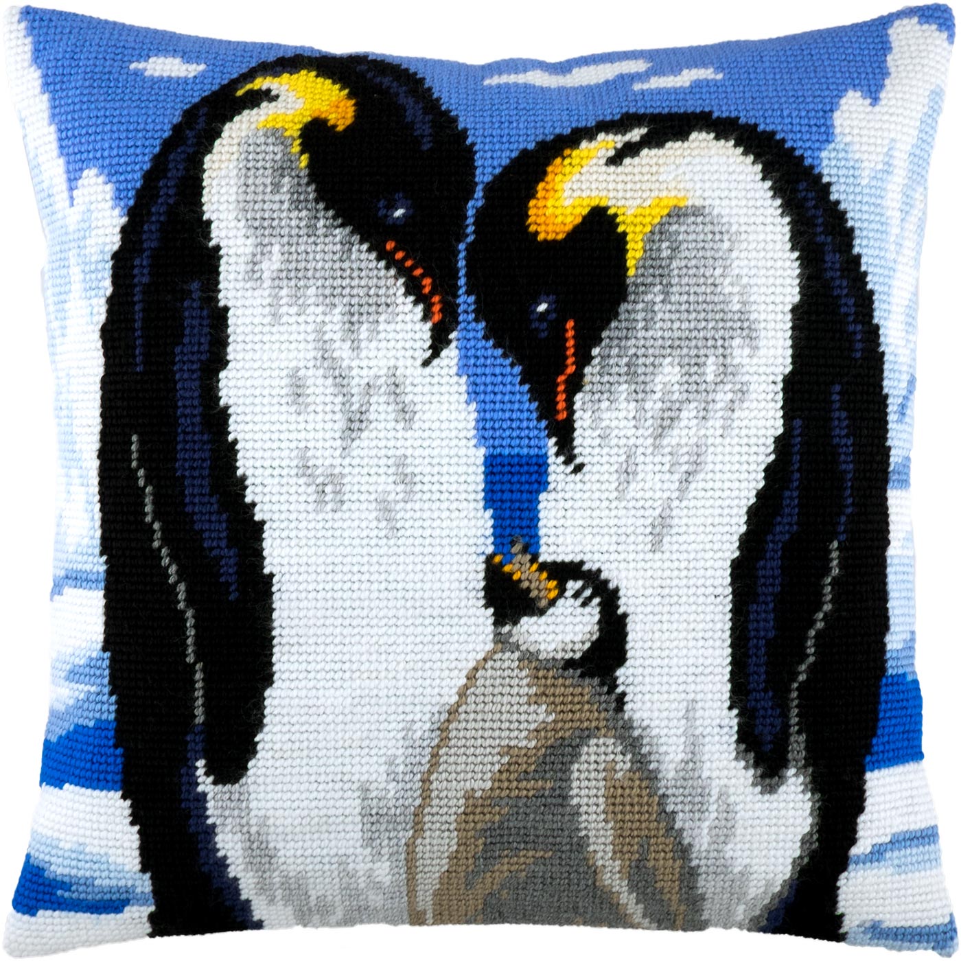 Brvsk Ferine Stamped Cross-Stitch Kit for Adults and Beginners — Penguins in Love 16″ × 16″ with Clear, Precise Printed Design on Cotton Canvas; Includes 2 Needles, Yarn, and Easy-Read Chart