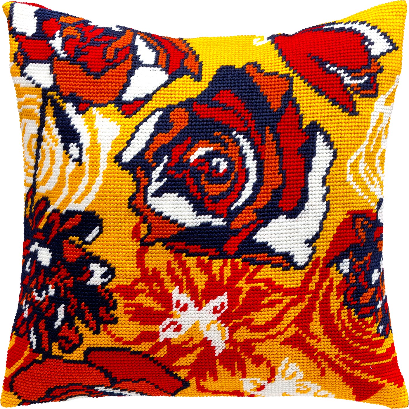 Brvsk Floral Embroidery Kit for Adults and Beginners — Flame of Flowers 16″ × 16″ with Clear, Precise Printed Design on Cotton Canvas; Includes 2 Needles, Yarn, and Easy-Read Chart