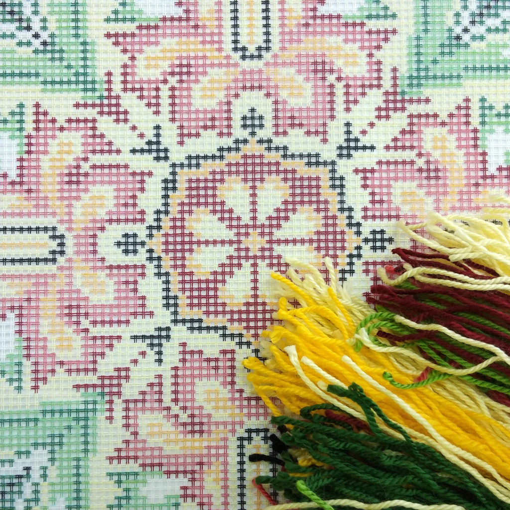 Brvsk Ornamental Needlepoint Kit for Adults and Beginners — Kaleidoscope of Flowers 16″ × 16″ with Clear, Precise Printed Design on Cotton Canvas; Includes 2 Needles, Yarn, and Easy-Read Chart