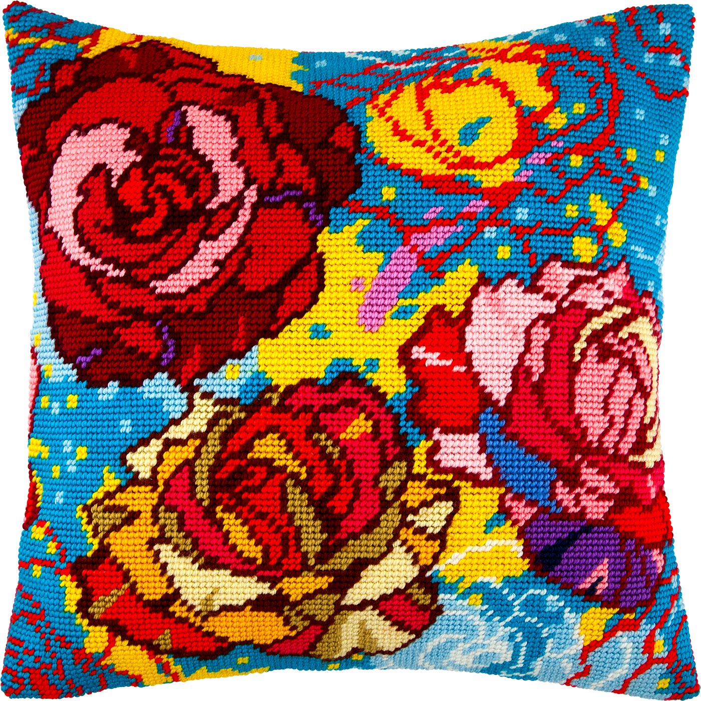 Brvsk Floral Stamped Cross-Stitch Kit for Adults and Beginners — Stained Glass 16″ × 16″ with Clear, Precise Printed Design on Cotton Canvas; Includes 2 Needles, Yarn, and Easy-Read Chart