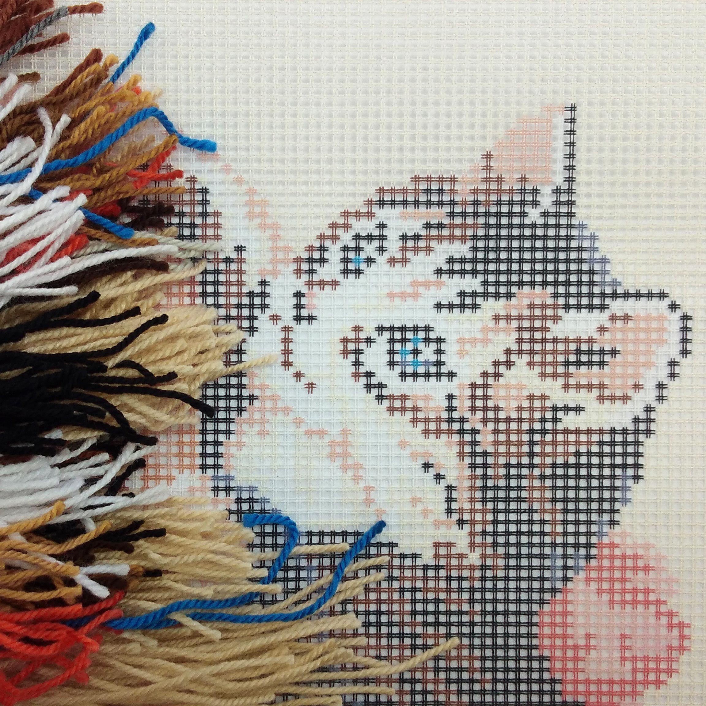 Brvsk Ferine Embroidery Kit for Adults and Beginners — Kittens in a Basket 16″ × 16″ with Clear, Precise Printed Design on Cotton Canvas; Includes 2 Needles, Yarn, and Easy-Read Chart