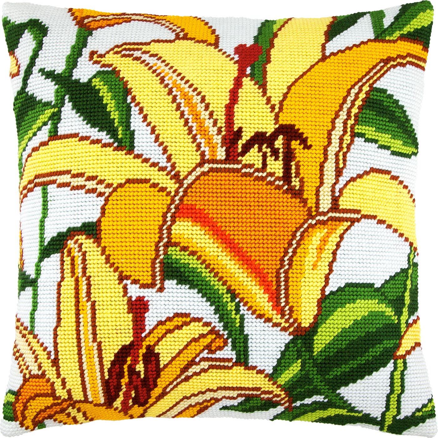 Brvsk Floral Needlepoint Kit for Adults and Beginners — Lilies 16″ × 16″ with Clear, Precise Printed Design on Cotton Canvas; Includes 2 Needles, Yarn, and Easy-Read Chart