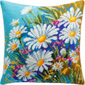 Brvsk Floral Stamped Cross-Stitch Kit for Adults and Beginners — Meadow of Daisies 16″ × 16″ with Clear, Precise Printed Design on Cotton Canvas; Includes 2 Needles, Yarn, and Easy-Read Chart