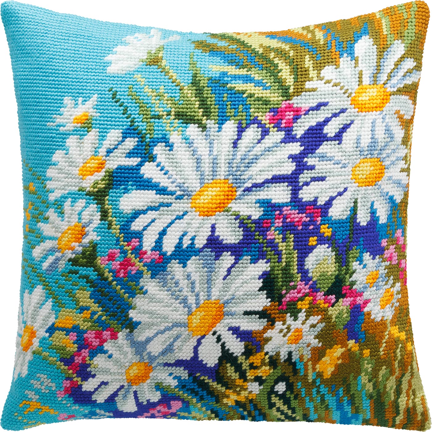 Brvsk Floral Stamped Cross-Stitch Kit for Adults and Beginners — Meadow of Daisies 16″ × 16″ with Clear, Precise Printed Design on Cotton Canvas; Includes 2 Needles, Yarn, and Easy-Read Chart