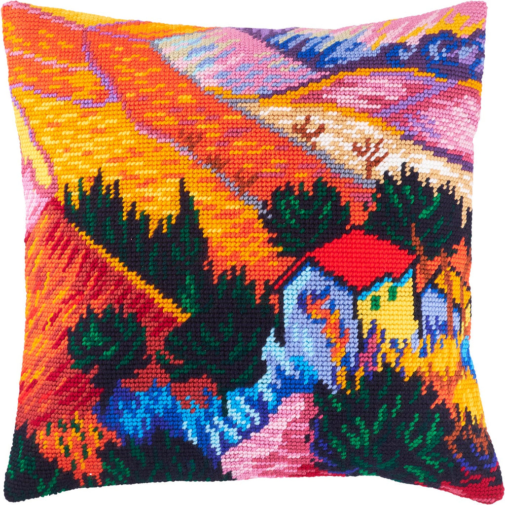 Brvsk Landscape Stamped Cross-Stitch Kit for Adults and Beginners — Landscape with a House and an Employee by Vincent Van Gogh 16″ × 16″ with Clear, Precise Printed Design on Cotton Canvas