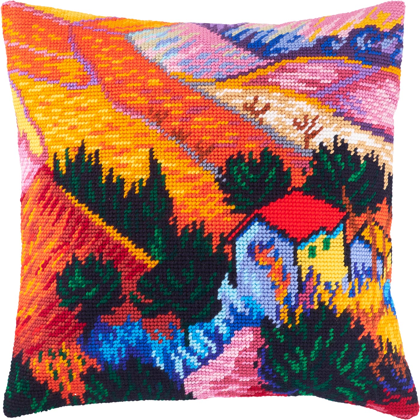 Brvsk Landscape Stamped Cross-Stitch Kit for Adults and Beginners — Landscape with a House and an Employee by Vincent Van Gogh 16″ × 16″ with Clear, Precise Printed Design on Cotton Canvas