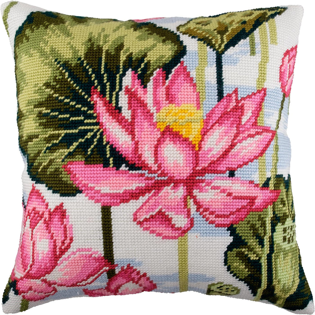 Brvsk Floral Needlepoint Kit for Adults and Beginners — Lotus 16″ × 16″ with Clear, Precise Printed Design on Cotton Canvas; Includes 2 Needles, Yarn, and Easy-Read Chart