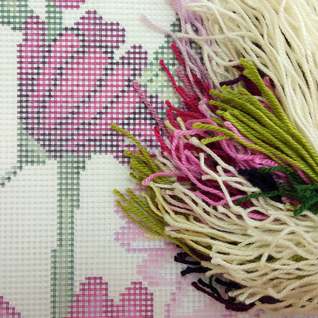Brvsk Floral Stamped Cross-Stitch Kit for Adults and Beginners — Asters 16″ × 16″ with Clear, Precise Printed Design on Cotton Canvas; Includes 2 Needles, Yarn, and Easy-Read Chart