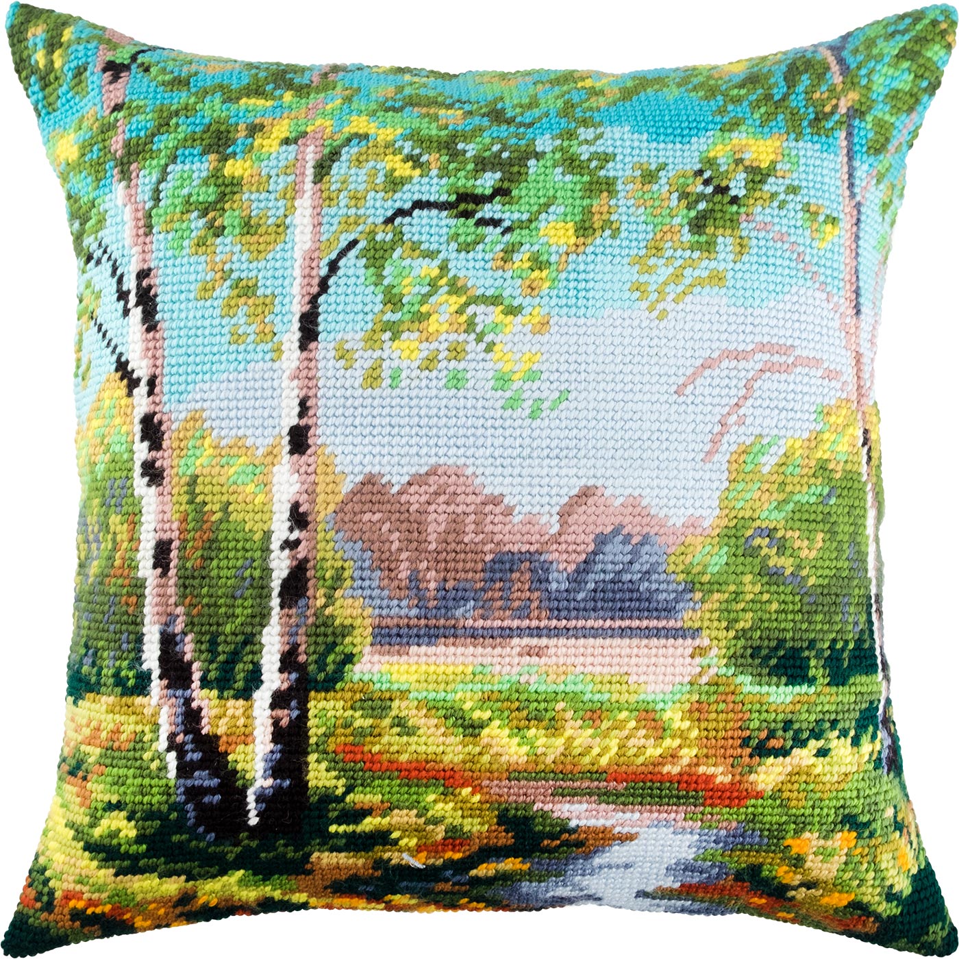 Brvsk Landscape Embroidery Kit for Adults and Beginners — Birch Trees 16″ × 16″ with Clear, Precise Printed Design on Cotton Canvas; Includes 2 Needles, Yarn, and Easy-Read Chart