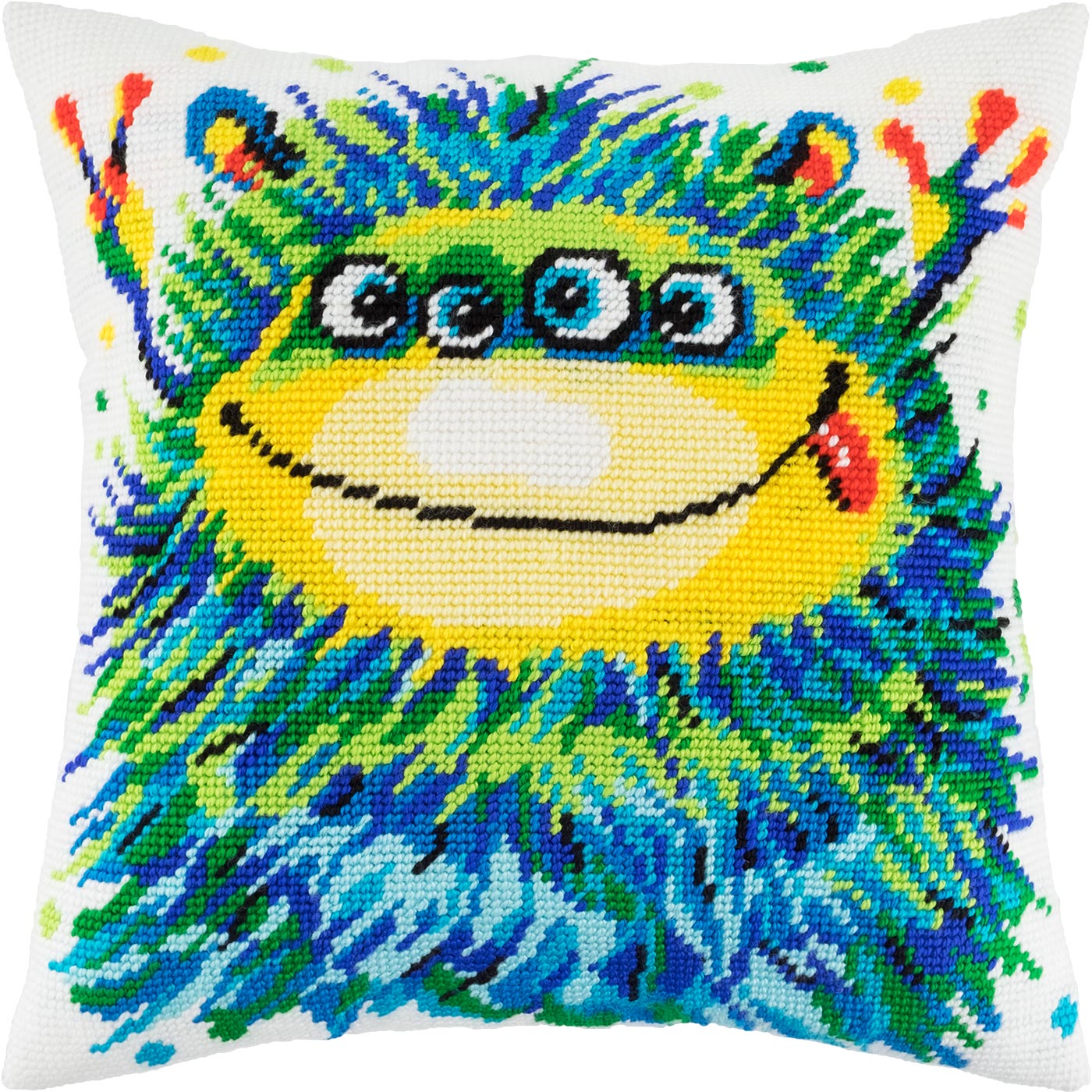 Brvsk Friendly Needlepoint Kit for Adults and Beginners — Little Monster 16″ × 16″ with Clear, Precise Printed Design on Cotton Canvas; Includes 2 Needles, Yarn, and Easy-Read Chart