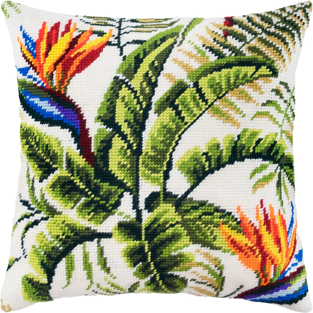 Brvsk Floral Stamped Cross-Stitch Kit for Adults and Beginners — Tropics 16″ × 16″ with Clear, Precise Printed Design on Cotton Canvas; Includes 2 Needles, Yarn, and Easy-Read Chart