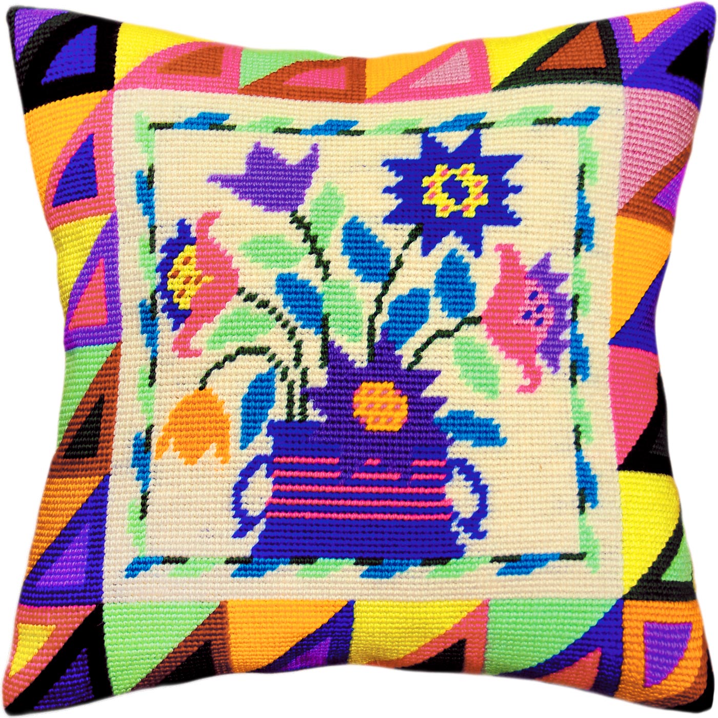Folk Flowers — Needlepoint Kit 16″ × 16″ by Brvsk