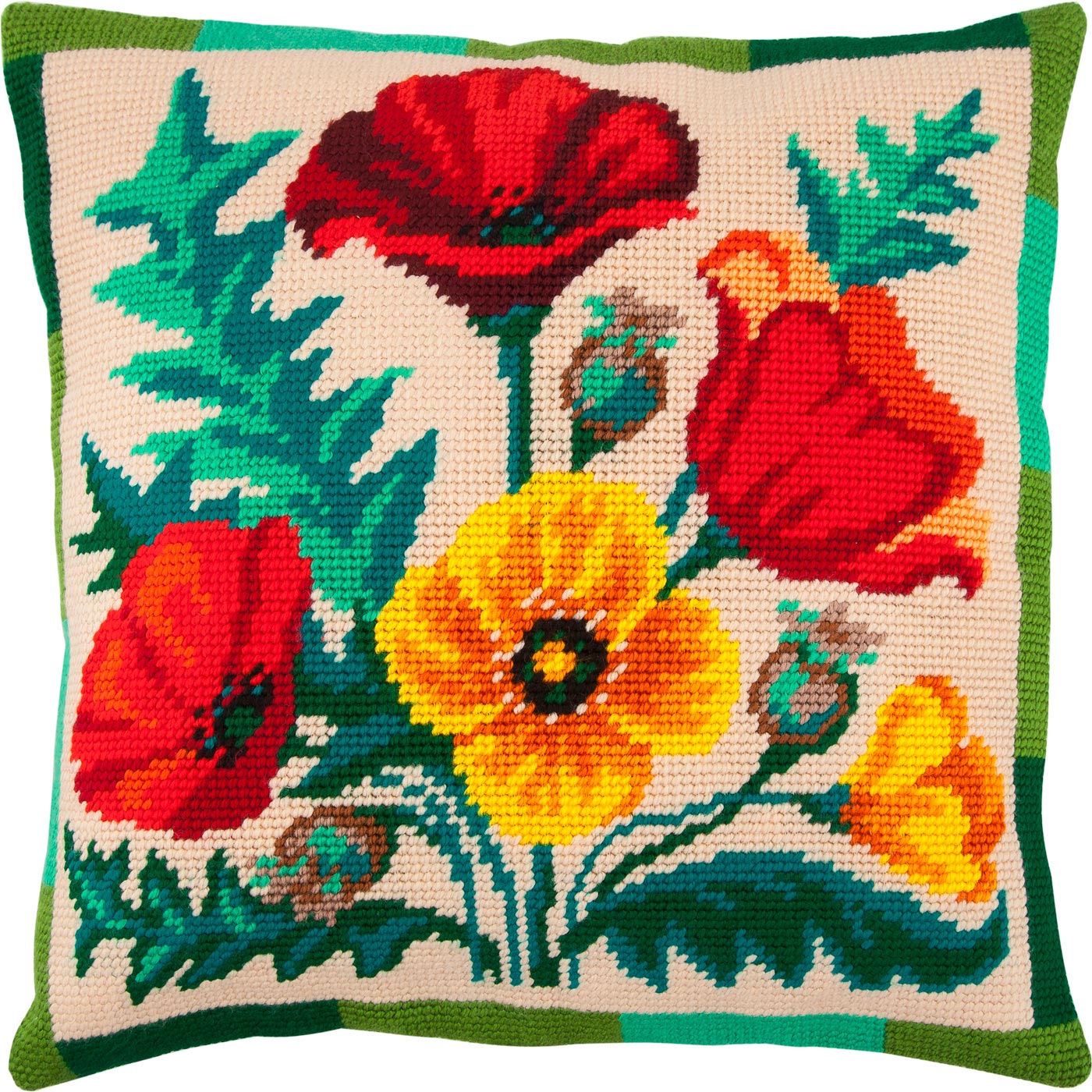 Brvsk Floral Stamped Cross-Stitch Kit for Adults and Beginners — Bouquet of Poppies 16″ × 16″ with Clear, Precise Printed Design on Cotton Canvas; Includes 2 Needles, Yarn, and Easy-Read Chart