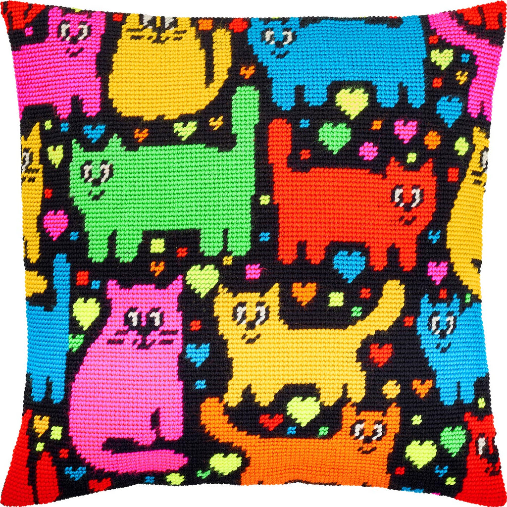 Brvsk Ferine Needlepoint Kit for Adults and Beginners — Puzzle of Cats 16″ × 16″ with Clear, Precise Printed Design on Cotton Canvas; Includes 2 Needles, Yarn, and Easy-Read Chart