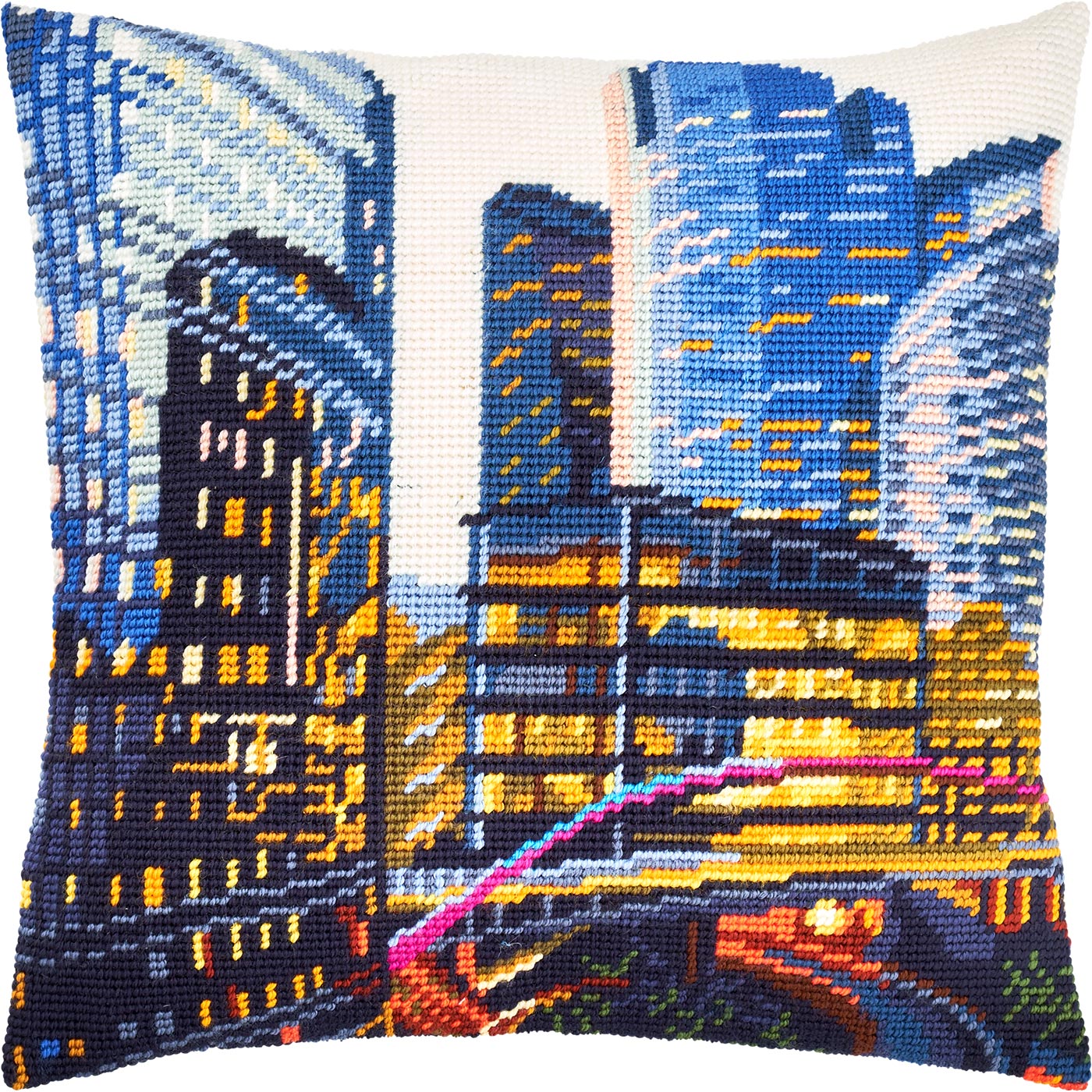 Brvsk Cityscape Embroidery Kit for Adults and Beginners — Taipei 16″ × 16″ with Clear, Precise Printed Design on Cotton Canvas; Includes 2 Needles, Yarn, and Easy-Read Chart