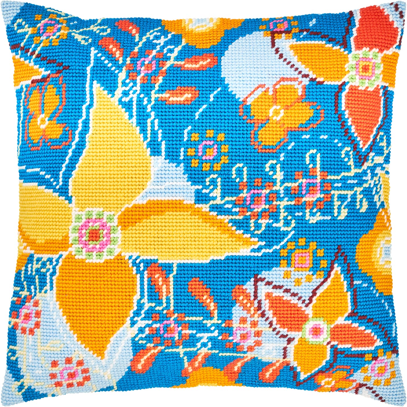 Brvsk Abstract Embroidery Kit for Adults and Beginners — Blue Field 16″ × 16″ with Clear, Precise Printed Design on Cotton Canvas; Includes 2 Needles, Yarn, and Easy-Read Chart