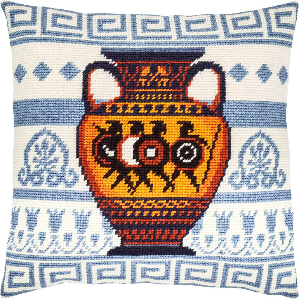 Brvsk Hellenic Stamped Cross-Stitch Kit for Adults and Beginners — Troy 16″ × 16″ with Clear, Precise Printed Design on Cotton Canvas; Includes 2 Needles, Yarn, and Easy-Read Chart