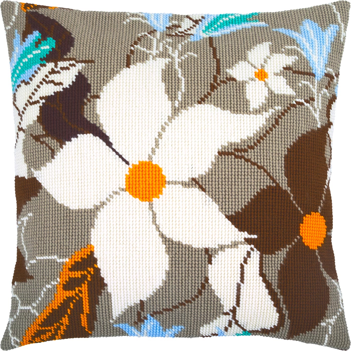 Brvsk Abstract Stamped Cross-Stitch Kit for Adults and Beginners — Vanilla Flower 16″ × 16″ with Clear, Precise Printed Design on Cotton Canvas; Includes 2 Needles, Yarn, and Easy-Read Chart