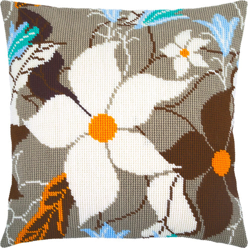 Brvsk Abstract Stamped Cross-Stitch Kit for Adults and Beginners — Vanilla Flower 16″ × 16″ with Clear, Precise Printed Design on Cotton Canvas; Includes 2 Needles, Yarn, and Easy-Read Chart