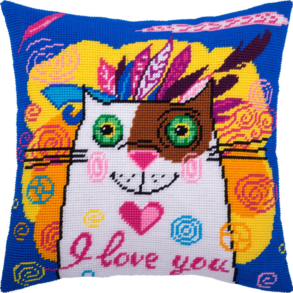 Brvsk Ferine Stamped Cross-Stitch Kit for Adults and Beginners — Beloved Cat 16″ × 16″ with Clear, Precise Printed Design on Cotton Canvas; Includes 2 Needles, Yarn, and Easy-Read Chart