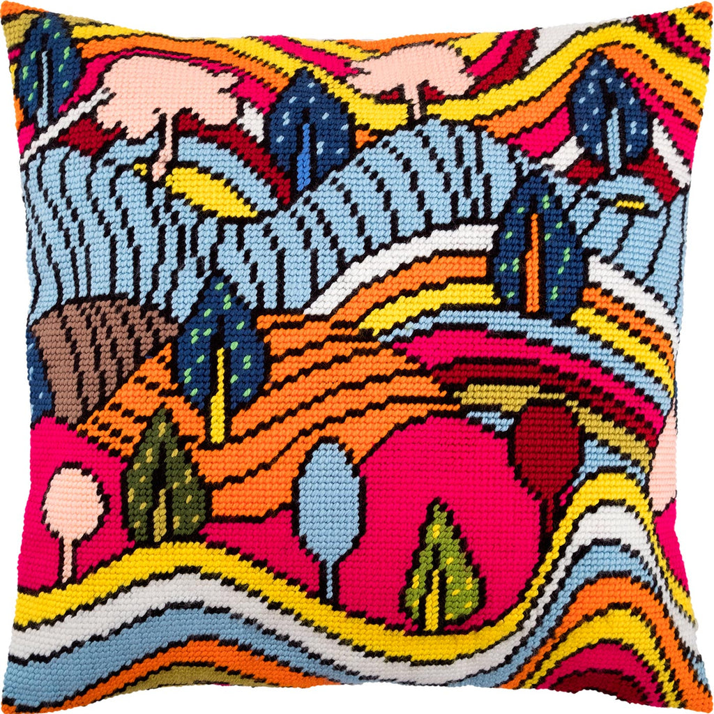Brvsk Abstract Needlepoint Kit for Adults and Beginners — Fantastic Landscape 16″ × 16″ with Clear, Precise Printed Design on Cotton Canvas; Includes 2 Needles, Yarn, and Easy-Read Chart
