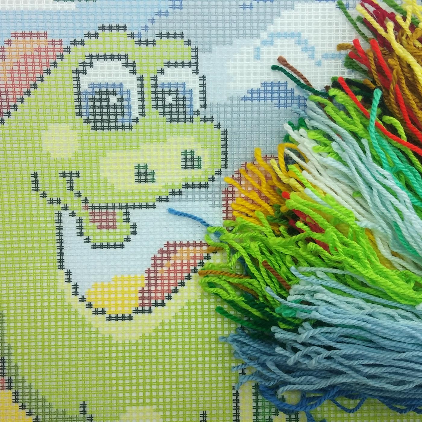 Brvsk Playful Stamped Cross-Stitch Kit for Adults and Beginners — Little Dino 16″ × 16″ with Clear, Precise Printed Design on Cotton Canvas; Includes 2 Needles, Yarn, and Easy-Read Chart