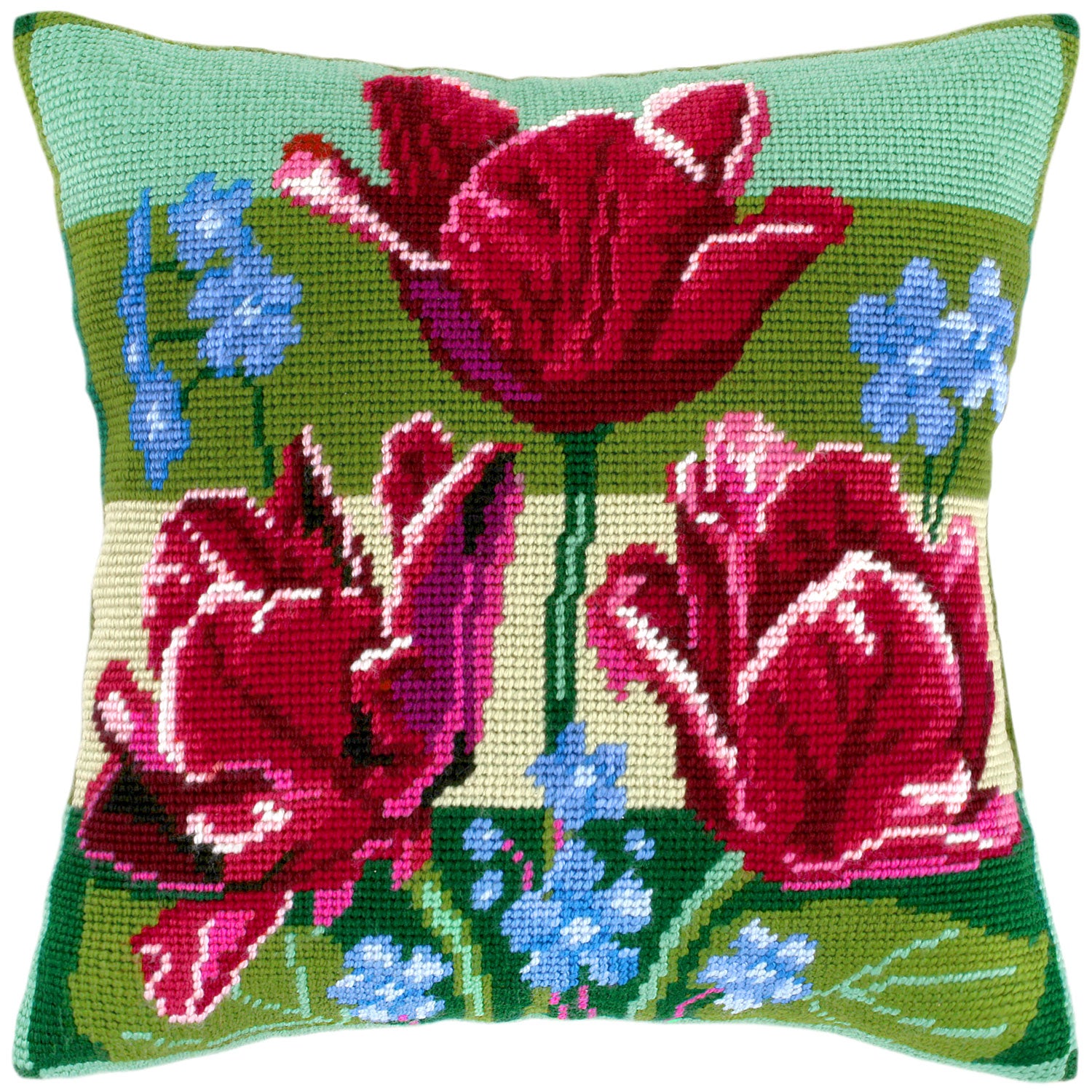 Brvsk Floral Stamped Cross-Stitch Kit for Adults and Beginners — Tulips and Forget-Me-Nots 16″ × 16″ with Clear, Precise Printed Design on Cotton Canvas; Includes 2 Needles, Yarn, and Easy-Read Chart