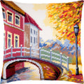 Brvsk Cityscape Stamped Cross-Stitch Kit for Adults and Beginners — Old Town 16″ × 16″ with Clear, Precise Printed Design on Cotton Canvas; Includes 2 Needles, Yarn, and Easy-Read Chart