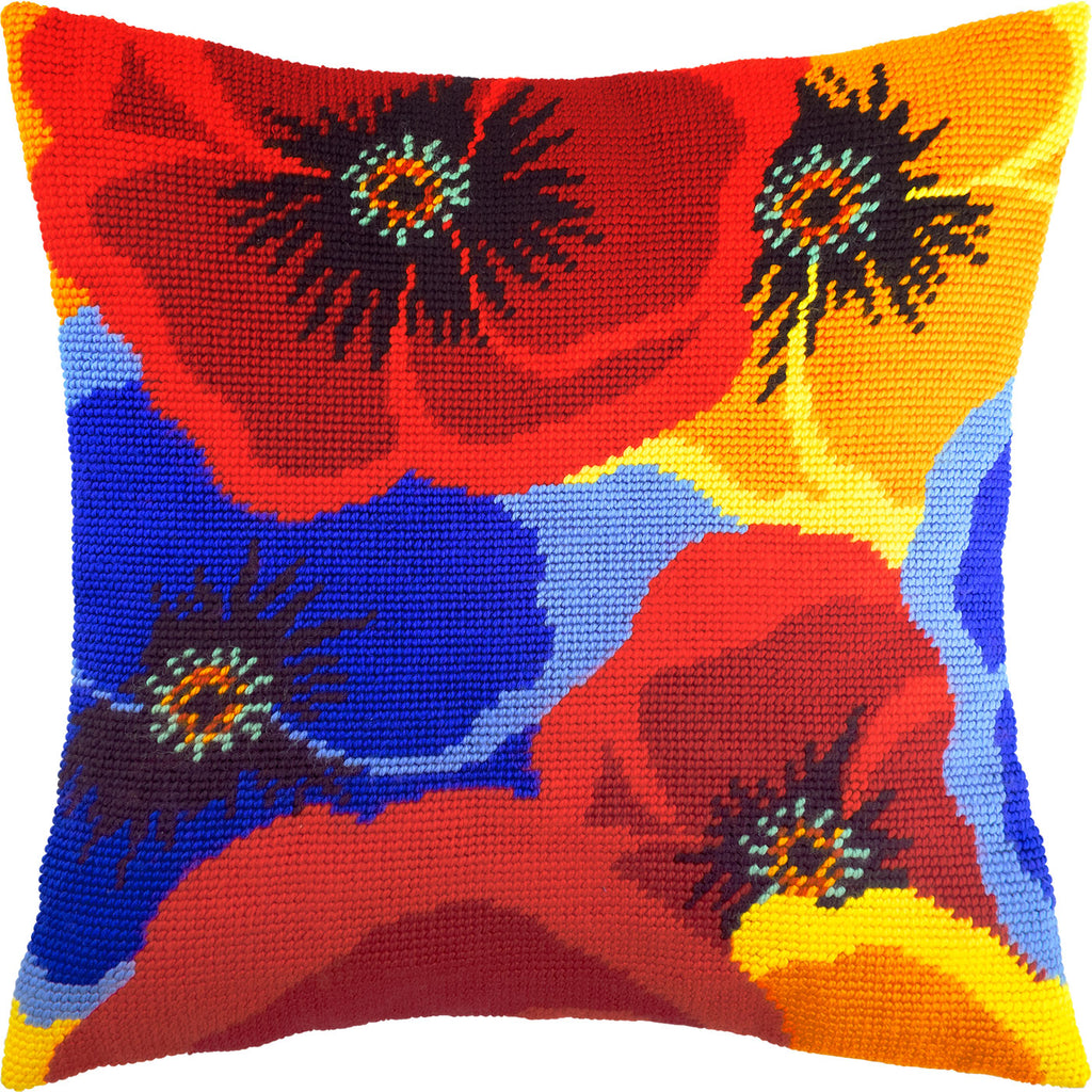 Brvsk Floral Embroidery Kit for Adults and Beginners — Colors of Poppies 16″ × 16″ with Clear, Precise Printed Design on Cotton Canvas; Includes 2 Needles, Yarn, and Easy-Read Chart