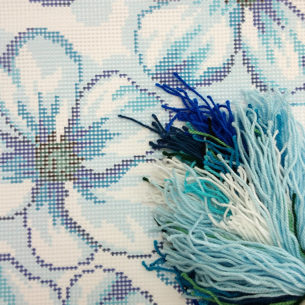 Brvsk Floral Stamped Cross-Stitch Kit for Adults and Beginners — Blue Flowers 16″ × 16″ with Clear, Precise Printed Design on Cotton Canvas; Includes 2 Needles, Yarn, and Easy-Read Chart