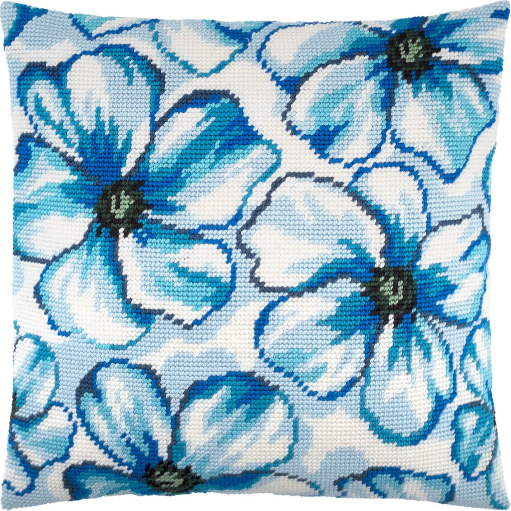 Brvsk Floral Stamped Cross-Stitch Kit for Adults and Beginners — Blue Flowers 16″ × 16″ with Clear, Precise Printed Design on Cotton Canvas; Includes 2 Needles, Yarn, and Easy-Read Chart