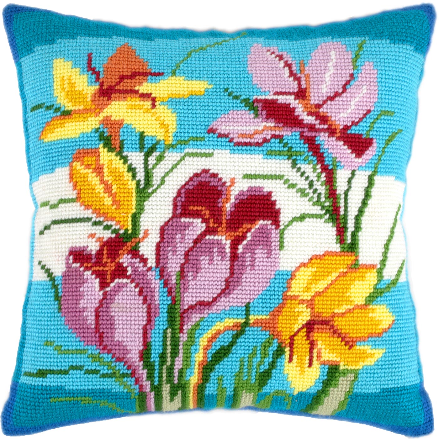 Brvsk Floral Embroidery Kit for Adults and Beginners — Crocuses 16″ × 16″ with Clear, Precise Printed Design on Cotton Canvas; Includes 2 Needles, Yarn, and Easy-Read Chart